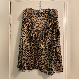 Susan Graver Leopard Print Ruffle Deep V Neck Long Sleeve Size Medium